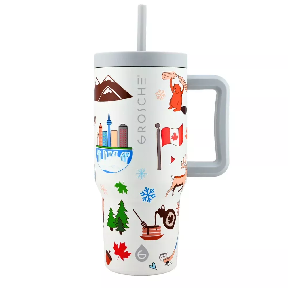 grosche-aspen-insulated-tumbler-with-handle-straw-32oz-canadiana Grosche ASPEN Insulated Tumbler with Handle and Straw, 32oz - Canadiana