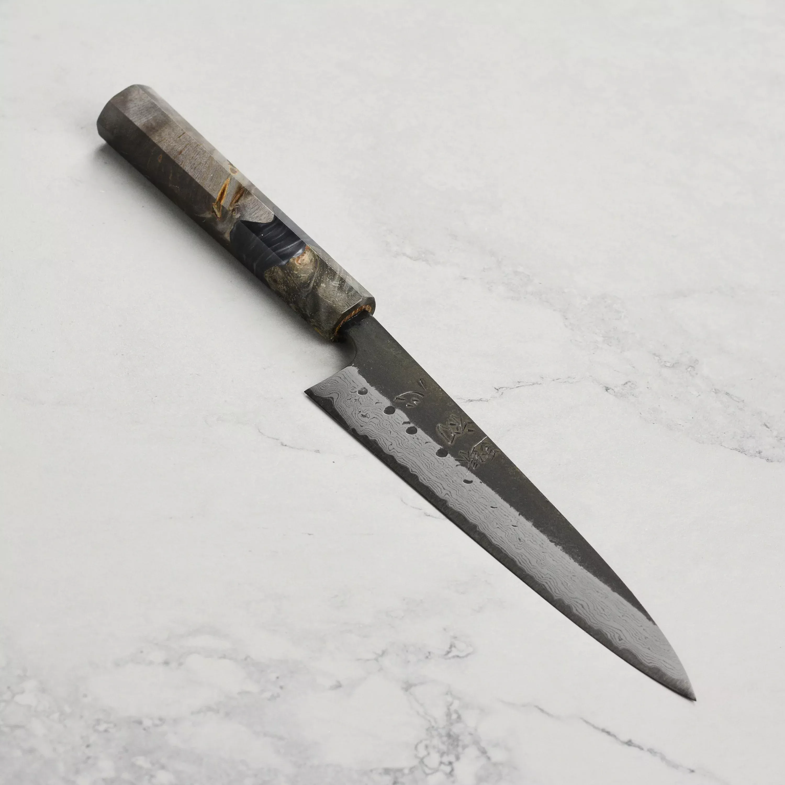 hatsukokoro-shinkiro-5-9-petty-by-nihei-aogami-super-kurouchi-damascus-stabilize Hatsukokoro Shinkiro 5.9" Petty by Nihei, Aogami Super Kurouchi Damascus, Stabilized Birch, Carbon Steel Japanese Knife