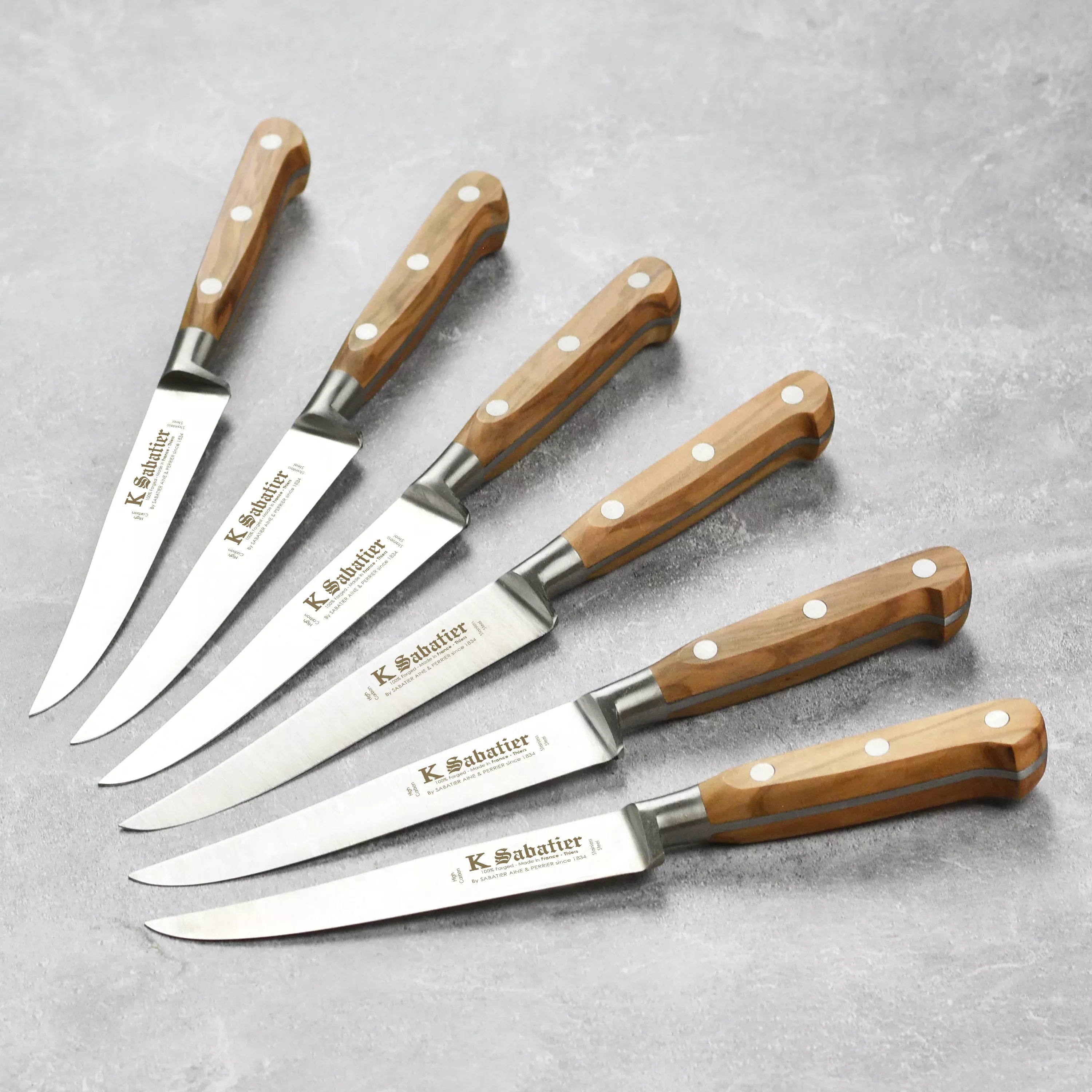 k-sabatier-steak-knives-with-olive-wood-handles-6-piece-set-forged-stainless-ste K Sabatier Steak Knives with Olive Wood Handles, 6 Piece Set, Forged Stainless Steel, Made in France