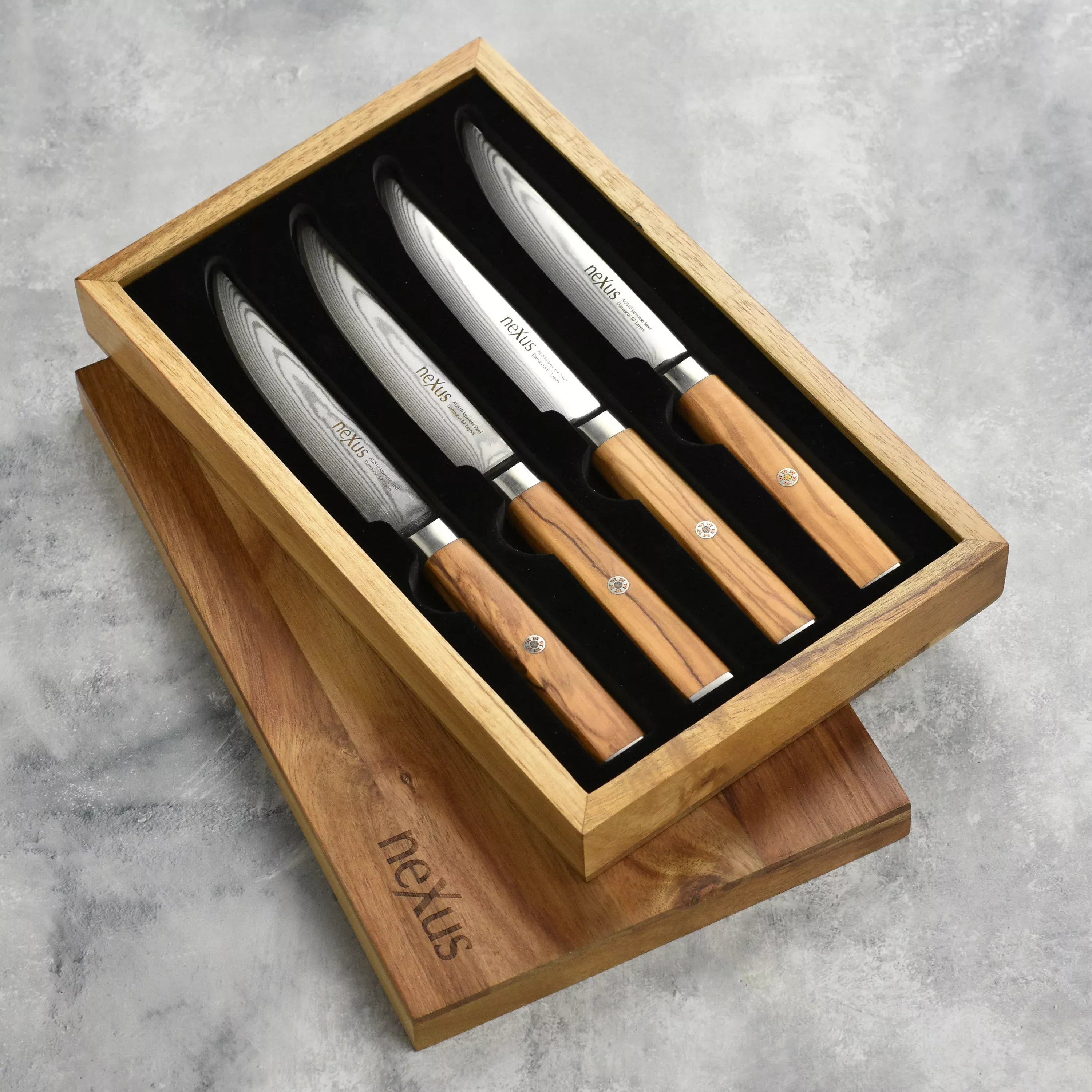 nexus-damascus-olive-wood-steak-knife-set-4-piece-with-storage-case Nexus Damascus Olive Wood Steak Knife Set, 4 Piece with Storage Case
