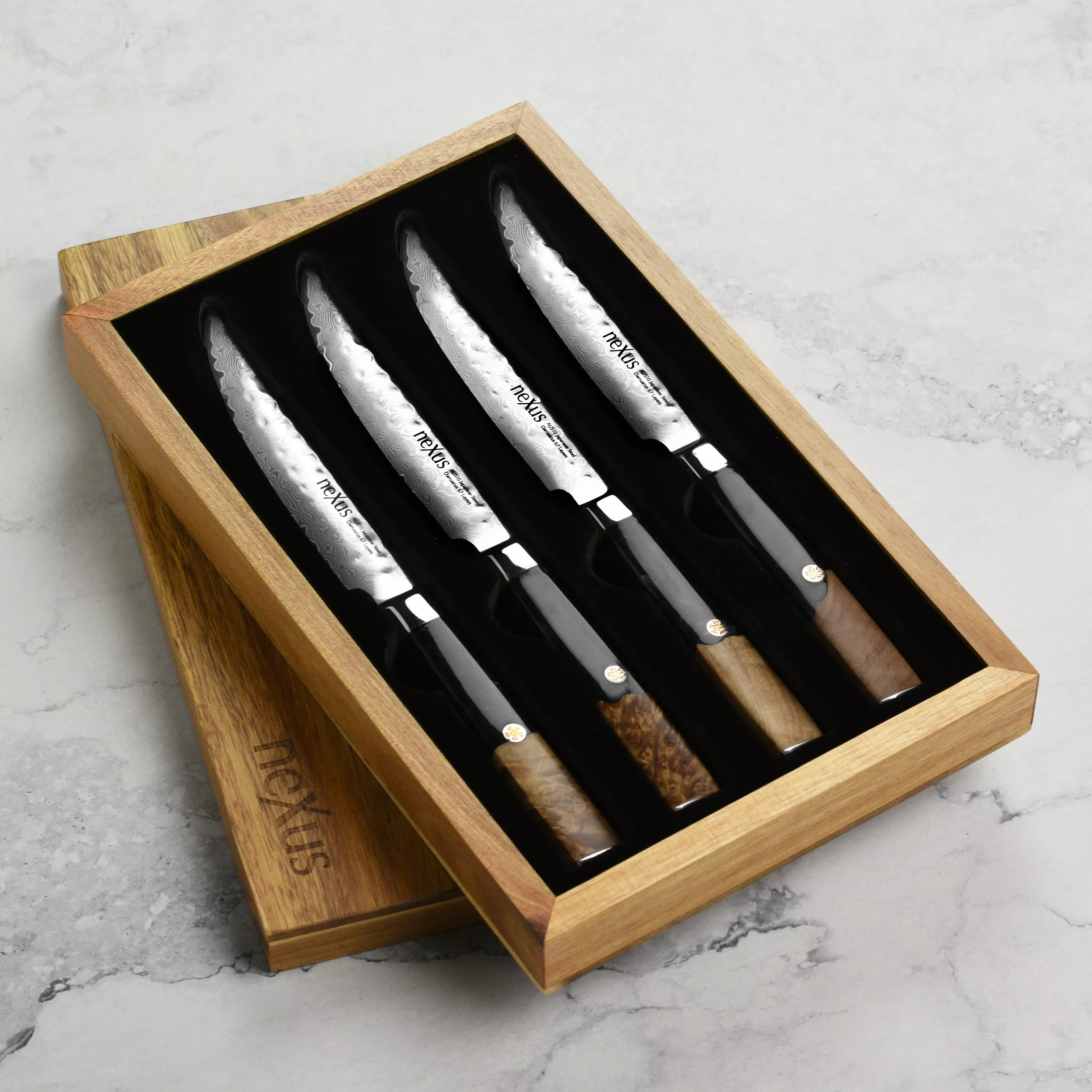 nexus-damascus-steak-knife-set-4-piece-with-case-resin-stabilized-wood-black-res Nexus Damascus Steak Knife Set, 4 Piece with Case, Resin & Stabilized Wood Black Resin Handles