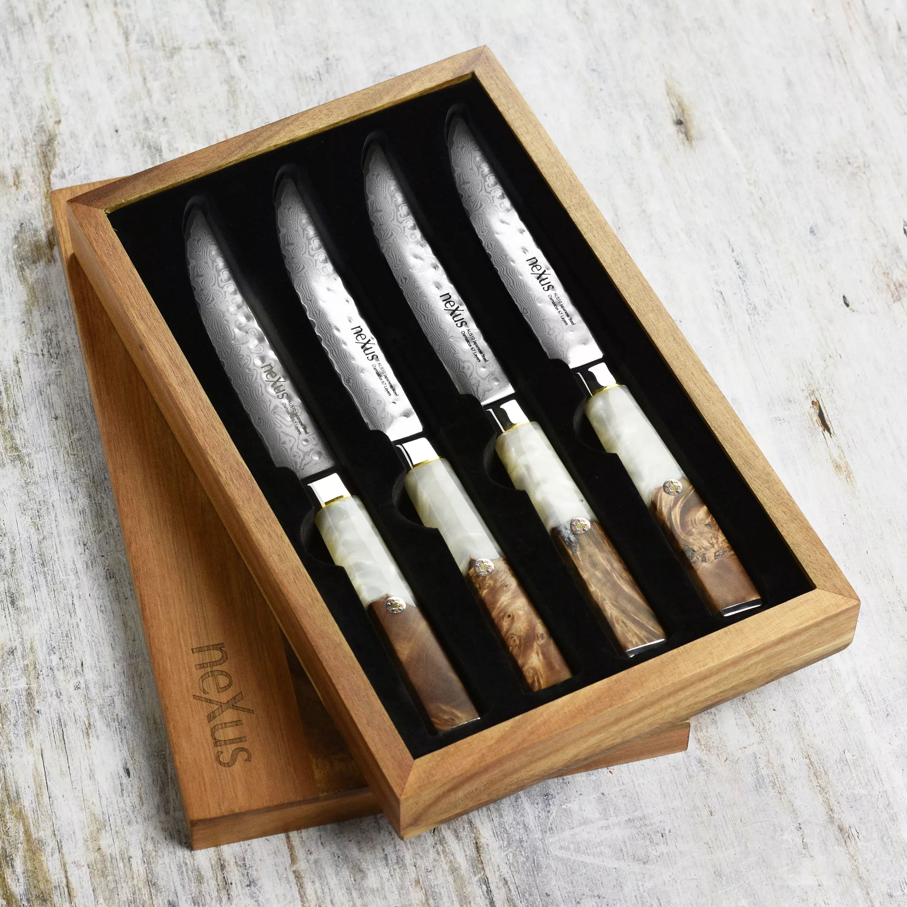 nexus-damascus-steak-knife-set-4-piece-with-case-resin-stabilized-wood-white-res Nexus Damascus Steak Knife Set, 4 Piece with Case, Resin & Stabilized Wood White Resin Handles