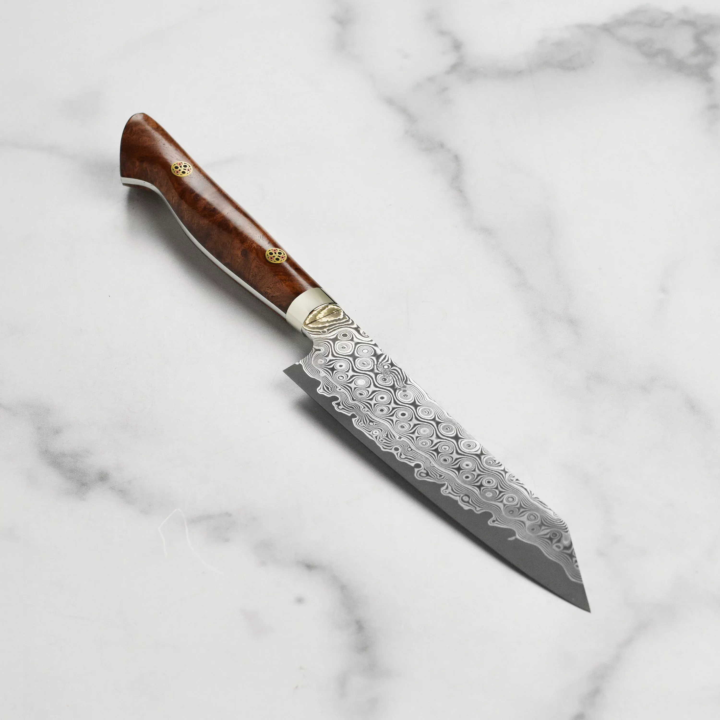 nigara-anmon-sg2-damascus-kiritsuke-petty-5-9-quince-wood Nigara Anmon SG2 Damascus Kiritsuke Petty, 5.9" Quince Wood