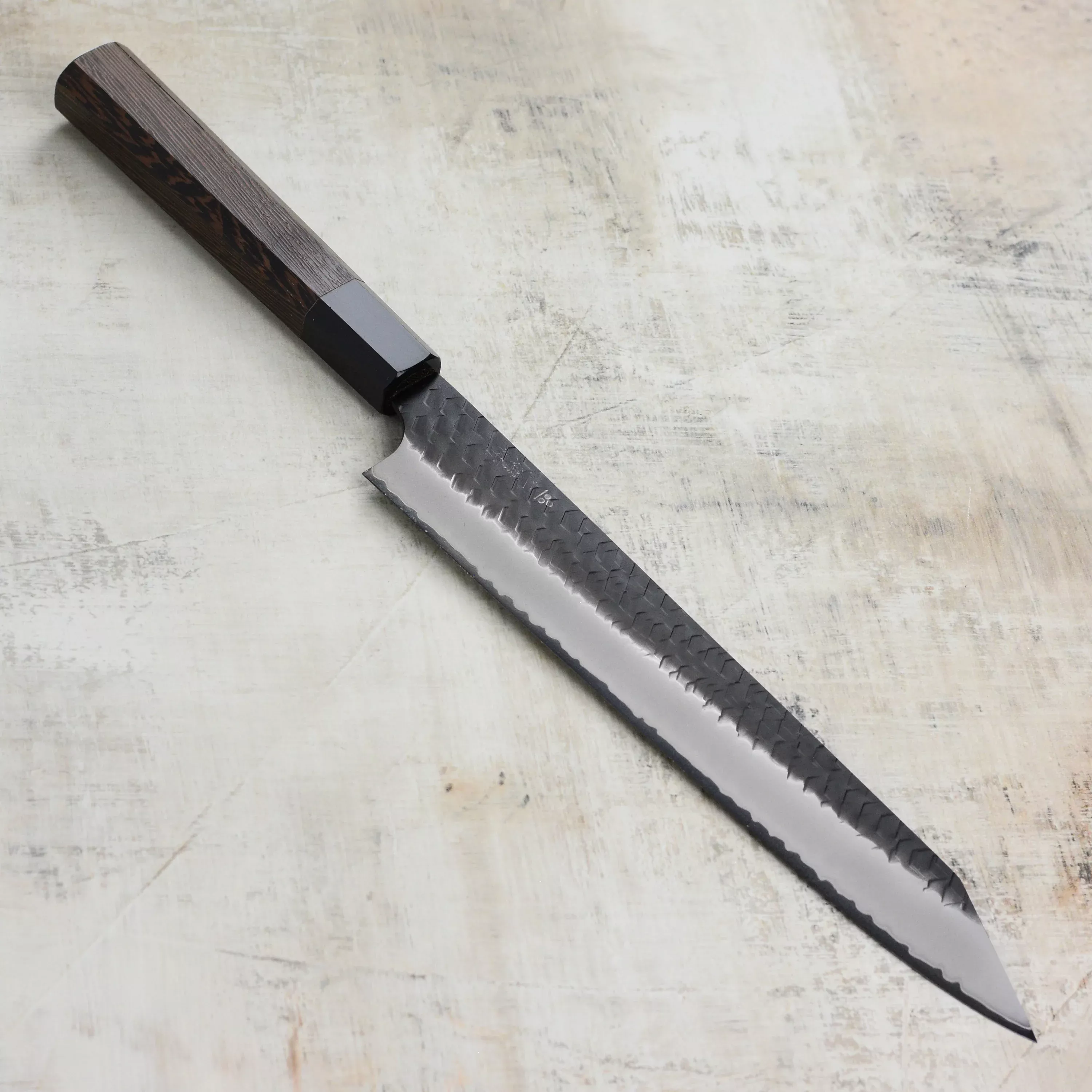 nigara-sg2-kurouchi-tsuchime-kiritsuke-sujihiki-with-wenge-handle-buffalo-horn-f Nigara SG2 Kurouchi Tsuchime Kiritsuke Sujihiki with Wenge Handle and Buffalo Horn Ferrule