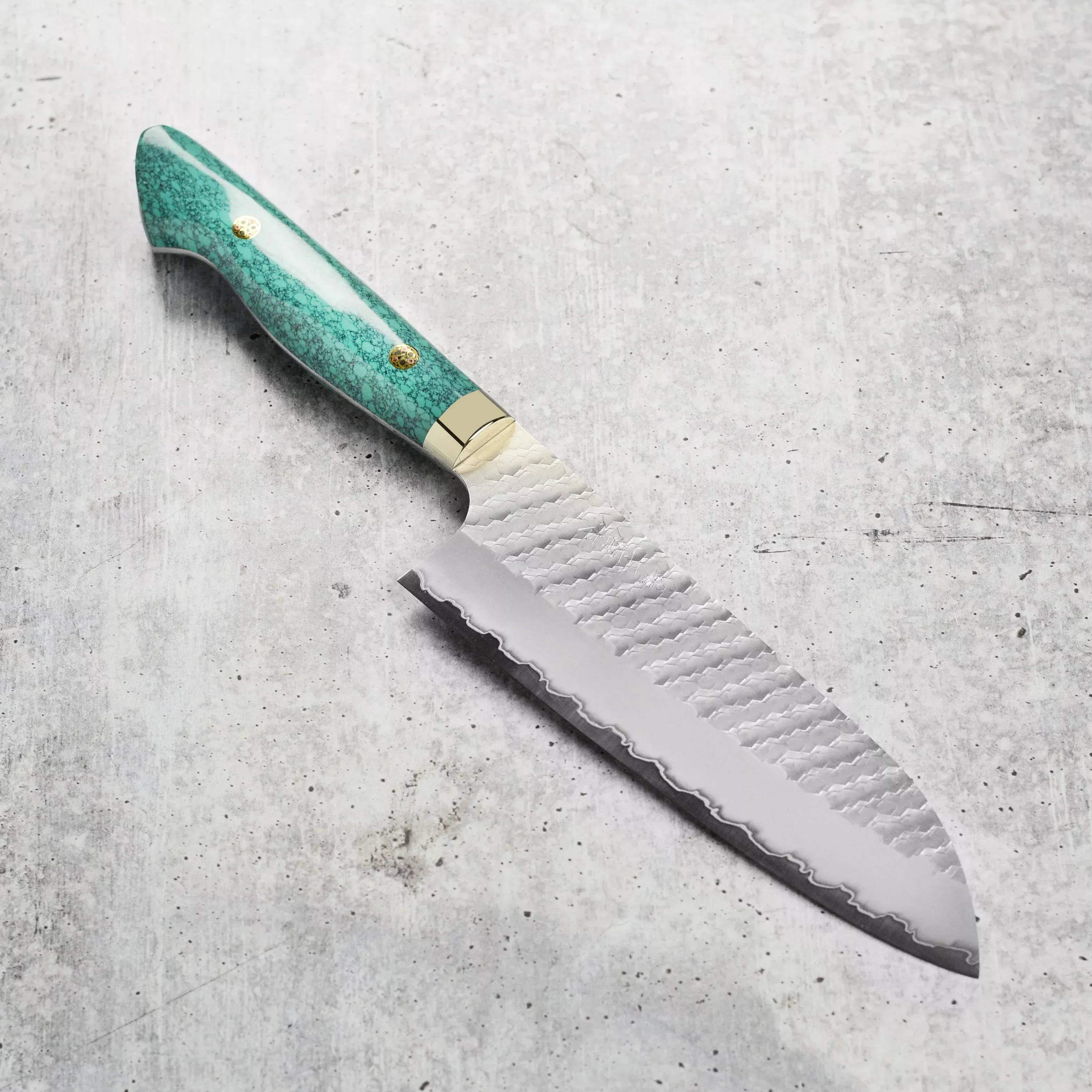 nigara-sg2-migaki-tsuchime-santoku-green-turquoise-7 Nigara SG2 Migaki Tsuchime Santoku, Green Turquoise 7"