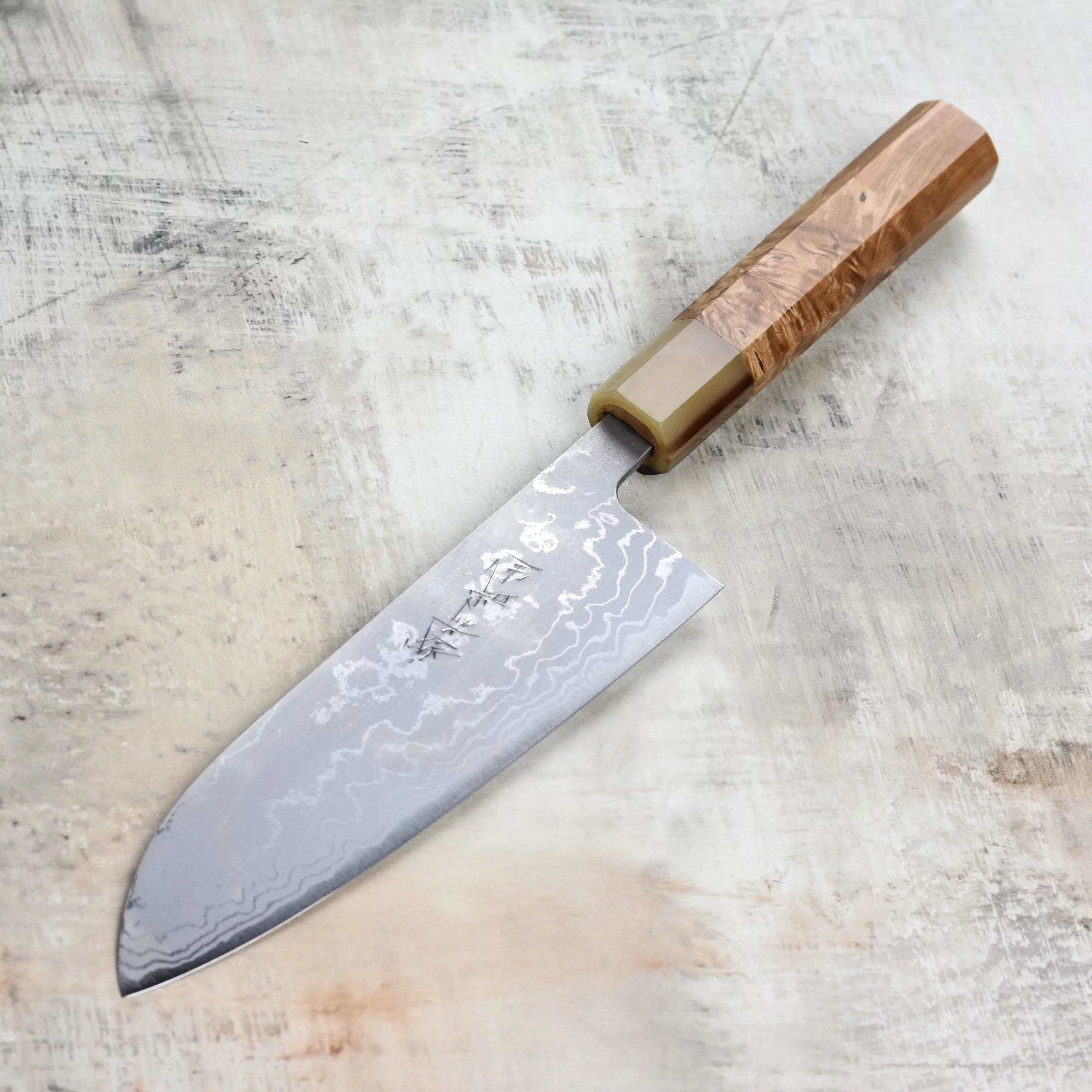 shiro-kamo-damascus-santoku-knife-shirogami-2-white-carbon-steel-6-5 Shiro Kamo Damascus Santoku Knife - Shirogami #2 White Carbon Steel, 6.5"