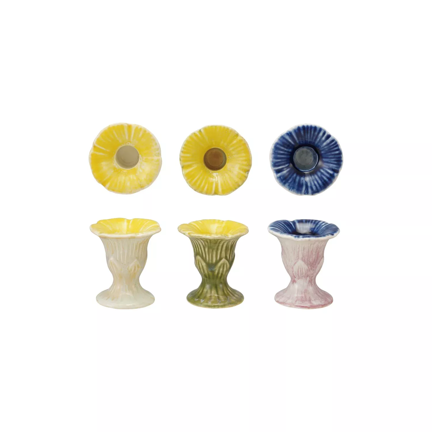 stoneware-flower-shaped-taper-holder-assorted-colors Stoneware Flower Shaped Taper Holder, Assorted Colors
