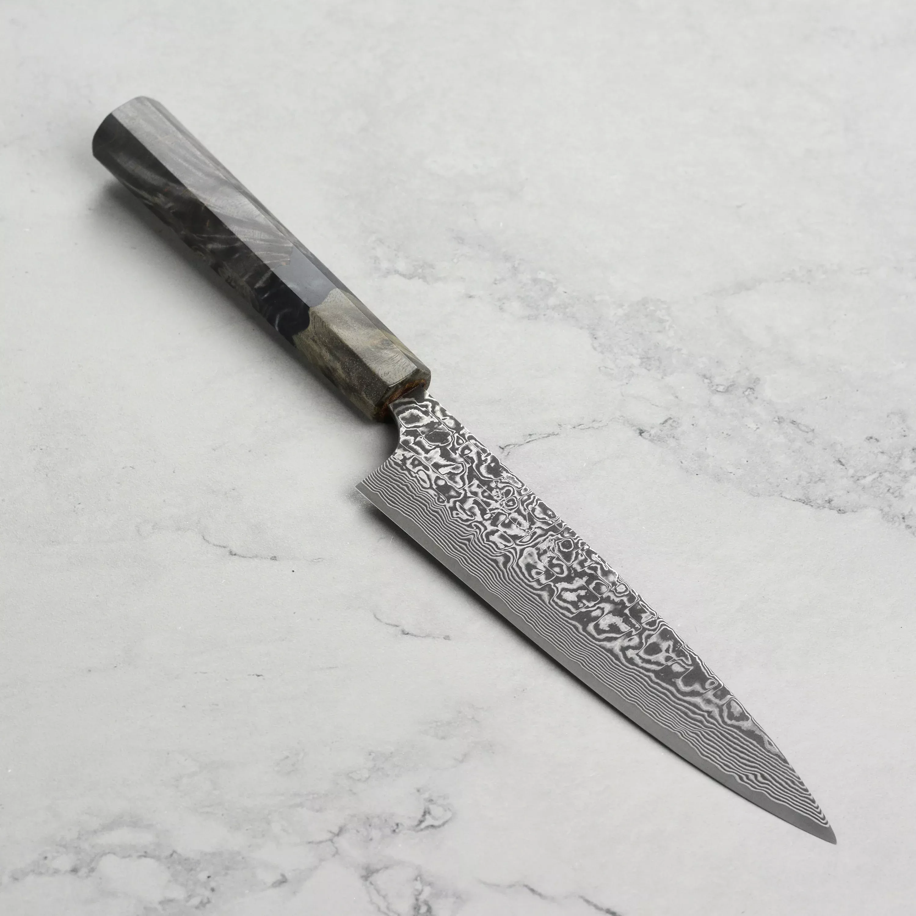 takeshi-saji-r2-sg2-black-damascus-petty-knife-stabilized-birch-5-9 Takeshi Saji R2/SG2 Black Damascus Petty Knife, Stabilized Birch (5.9")