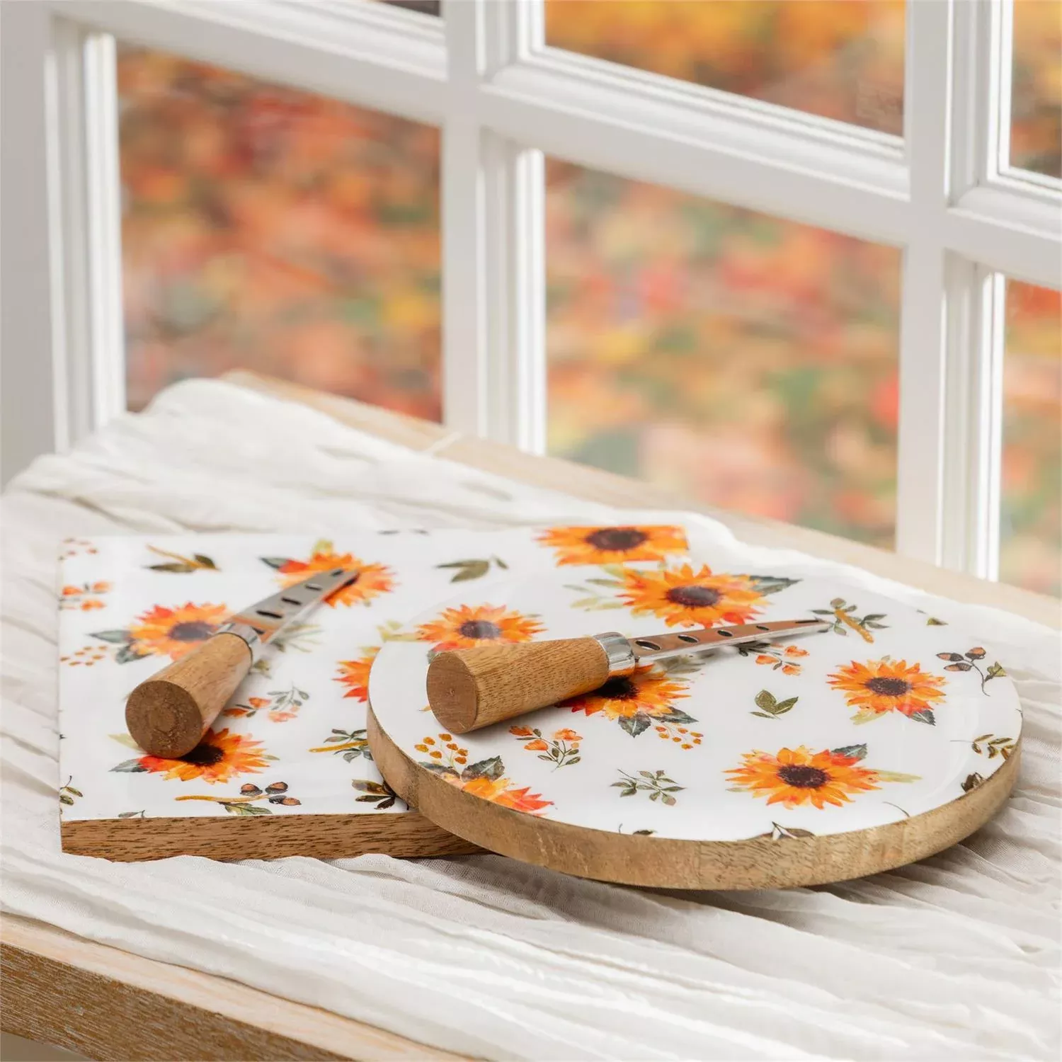 vivastyle-sunflower-fields-serving-board-wooden-cheese-board-with-knife-asst-2 VivaStyle Sunflower Fields Serving Board, Wooden Cheese Board with Knife, Asst of 2