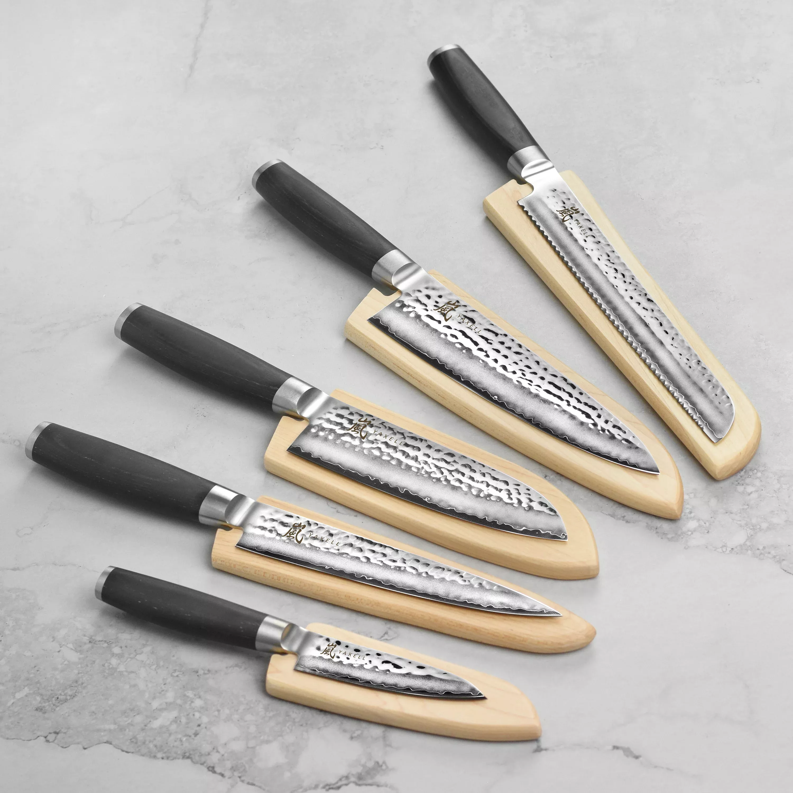 yaxell-taishi-5-piece-knife-set-with-sheaths-made-in-japan-yaxell-taishi-series- Yaxell Taishi 5 Piece Knife Set with Sheaths, Made in Japan, Yaxell Taishi Series, Hammered Japanese VG10 Stainless Steel